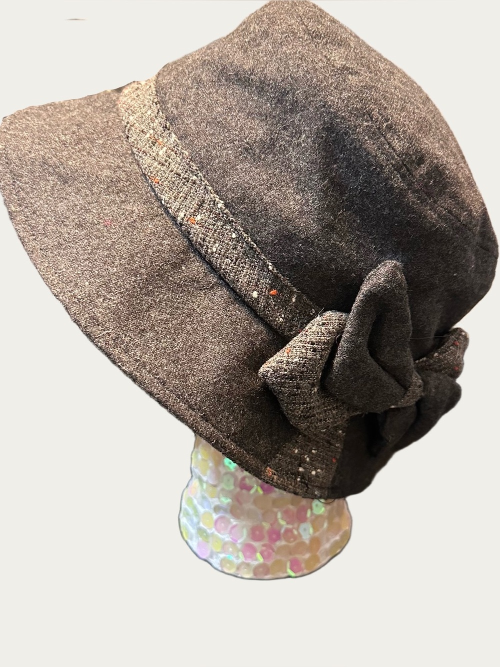 C.C Exclusives Gray Tweed Cloche Bucket Hat Bow Accent